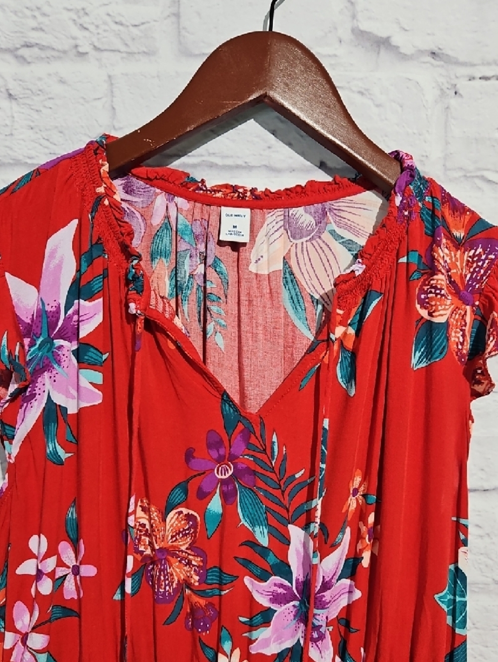 Old Navy Red Floral Tropical V-Neck Mini Dress - Picture 3 of 7